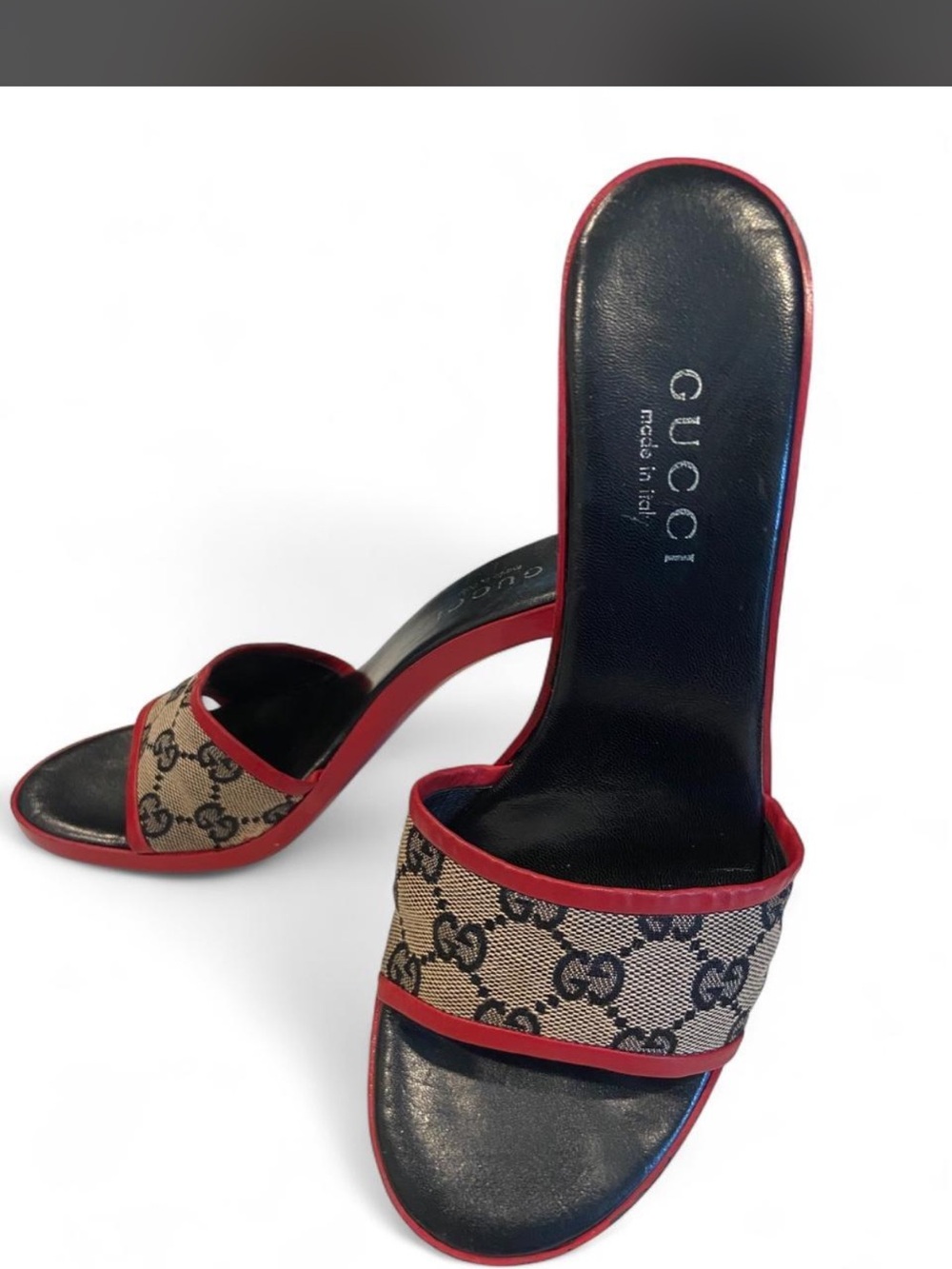 Gucci Red Patent Slide Heels with GG Monogram Strap - Picture 3 of 5